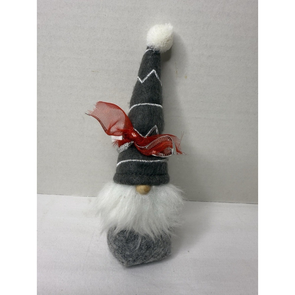 Mini Gnome Figurine Black Hat Red Ribbon Accent Small Plush Decor